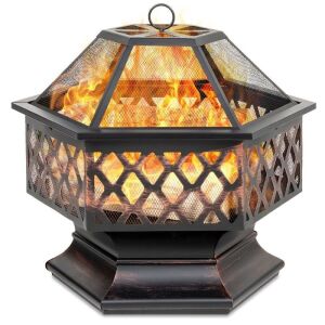 Hex-Shaped Outdoor Fire Pit w/ Flame-Retardant Lid - 24in 