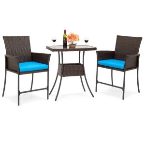 3-Piece Patio Wicker Bistro Set with Glass Top, Brown