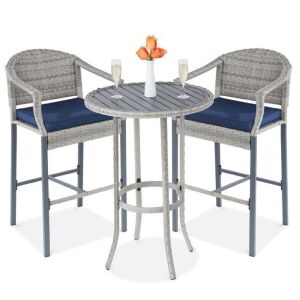 3-Piece Outdoor Bistro Wicker Table Bar Set w/ Bar Stools, Footrests 