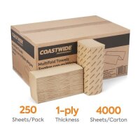 Coastwide Professional&trade; Multifold Paper Towels, 1-ply, 250 Sheets/Pack, 16 Packs/Carton