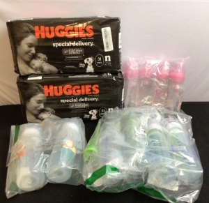 2 pkgs Huggies Newborn Diapers & Misc Dr. Brown's Bottles
