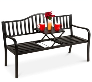 Steel Bench for Outdoor Patio and Garden w/ Pullout Middle Table