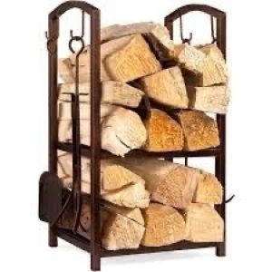 5-Piece Firewood Log Rack Holder Tools Set w/ Hook, Broom, Shovel, Tongs