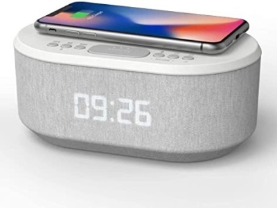 Bedside Radio Alarm Clock with USB Charger, Bluetooth Speaker, Wireless Charging, Dual Alarm & Dimmable LED Display - Appears New 