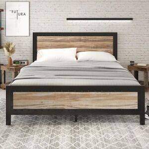 Full Size Heavy Duty Metal Bed Frame with Rivet Wooden Headboard & Footboard, Strong Steel Slats Support