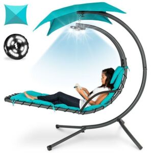 Hanging LED-Lit Curved Chaise Lounge Chair w/ Pillow, Canopy, Stand 