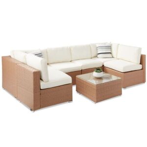 7-Piece Modular Wicker Sectional Conversation Set w/ 2 Pillows, Cover 