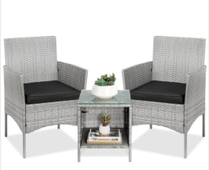 3-Piece Outdoor Patio Wicker Bistro Set w/ Side Storage Table