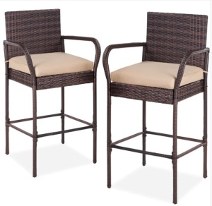Set of 2 Indoor Outdoor Wicker Bar Stools w/ Cushions