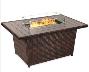 Wicker Propane Fire Pit Table, 50,000 BTU w/ Glass Wind Guard, Cover - 52in