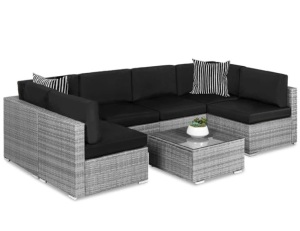 7-Piece Modular Wicker Sectional Conversation Set w/ 2 Pillows, Cover