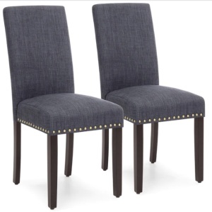Set of 2 Upholstered Parsons Accent Dining Chairs w/ Wood Legs, Studded Trim