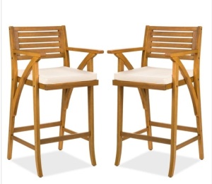 Set of 2 Outdoor Acacia Wood Bar Stools Chairs w/ Weather-Resistant Cushions