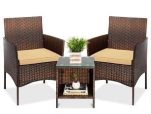 3-Piece Outdoor Patio Wicker Bistro Set w/ Side Storage Table