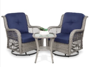 3-Piece Patio Wicker Bistro Furniture Set w/ 2 Swivel Rocking Chairs, Table