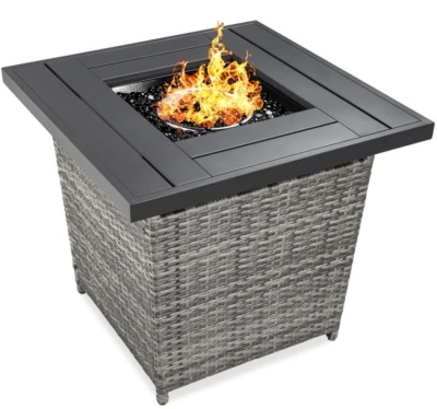 28in Fire Pit Table 50,000 BTU Wicker Propane w/ Faux Wood Tabletop, Cover