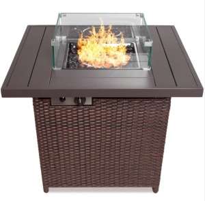 32in Fire Pit Table 50,000 BTU Wicker Propane w/ Wind Guard, Cover