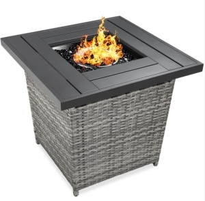 28in Fire Pit Table 50,000 BTU Wicker Propane w/ Faux Wood Tabletop, Cover