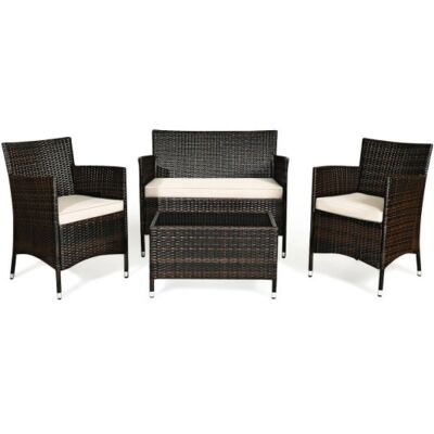 4-Piece Rattan Patio Conversation Furniture Set with Glass Table 