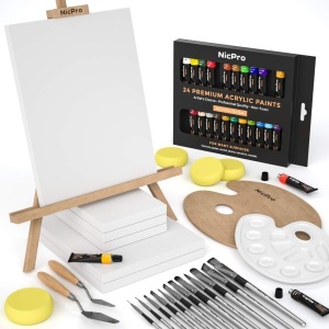 Nicpro 51pc Complete Acrylic Set, 24 Rich Pigment Colors with 12 Brushes, Includes Easel, Canvases, Paint Tray, Sponges, Mixing Knives - Appears New