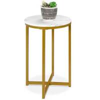Round Coffee Side Table w/ Faux Marble Top, Metal Frame