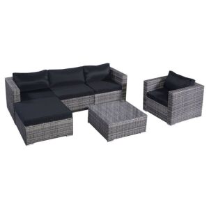 6 Pcs Patio Rattan Cushioned Sofa Set with Ottoman