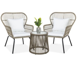 3-Piece Patio Wicker Conversation Bistro Set w/ 2 Chairs, Glass Top Table