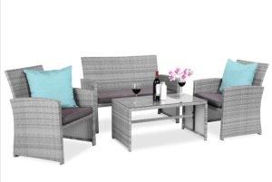 4-Piece Outdoor Wicker Conversation Patio Set w/ 4 Seats, Glass Table Top