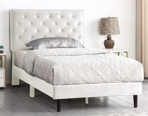 Oliver & Smith Twin Upholstered Button Tufted Suede Velour Bed Frame with 48" Tall Adjustable Headboard 