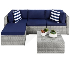 5-Piece Modular Wicker Sectional Conversation Set w/ 2 Pillows, Coffee Table